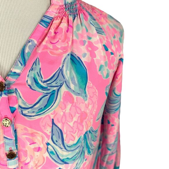 Lilly Pulitzer Elsa Blouse Top Womens XS Pink Floral Silk Split Neck Long Sleeve - Picture 4 of 10